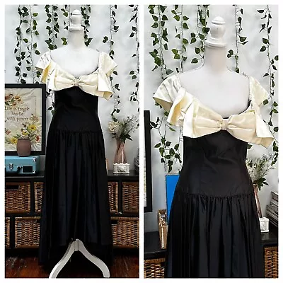 Vintage 80s Liquid Satin Prom Party Dress Black Ivory Off Shoulder As Is S/M • $39.99