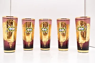 SET 5 MURANO Purple GLASS TRE FUOCHI GOLD W Venetian Tumblers Glasses 6.25  VTG • $232.70