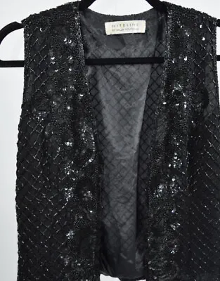 Nightline By Roufogali Vest Vintage Sequined Black RARE 80s 90s Beaded Cottage • $185
