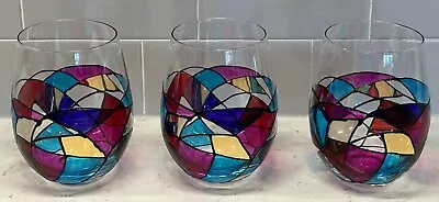 Artisanal Barcelona Jewel Tones Stemless Wine Glasses Set Of 3 Hand Painted 16oz • £39.05