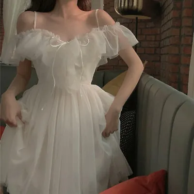 Lolita Mesh Ruffle Dress Straps Sweet Fairy Princess Ladies Prom Elegant Gown • £21.79