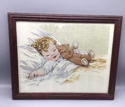 £22 • Buy Finished Cross Stitch Kit Framed Small Child In Bed Teddy Bessie Pease Gutmann