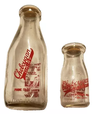Rare Cheboygan Dairy Pint Quart Milk Bottle + Caps MI Michigan Antique Americana • $74.95