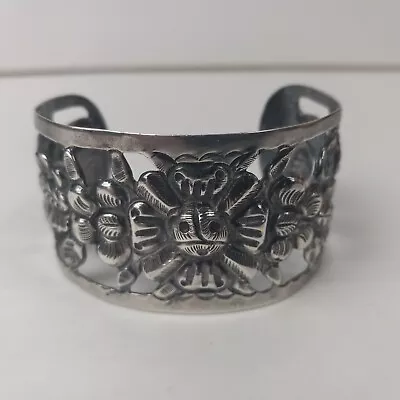 Vintage Maciel Sterling Silver Repousse Mexican Flower Pierced Cuff Bracelet • $225