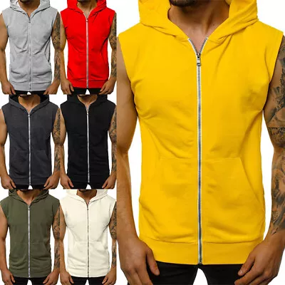 Mens Hoodie Sleeveless T Shirt Gym Fitness Workout Muscle Zipper Slim Tank Top • £11.99