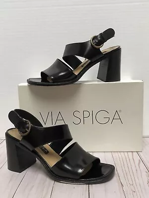 Vtg 90’s VIA SPIGA Women’s 7.5M Black Leather Strappy Chunky Heel Sandal ~ EXC! • $29.99