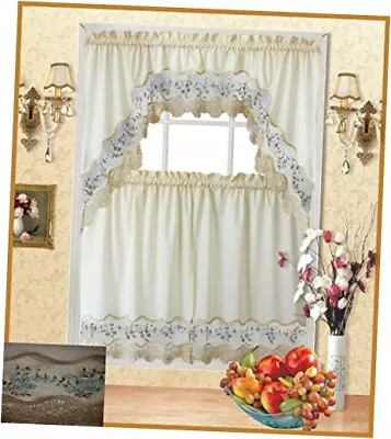 Fancy Collection 3pc Beige With Embroidery Floral Kitchen/Cafe Blue/Beige • $35.77