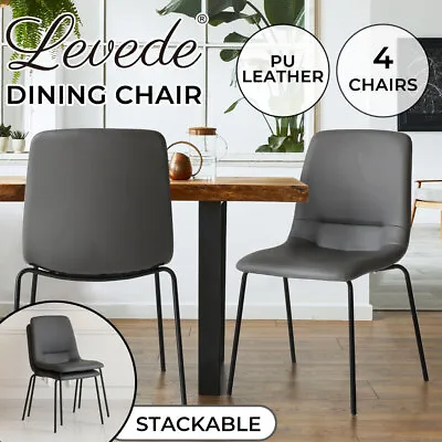 Levede Stackable Dining Chairs Kitchen Lounge Chair PU Leather Grey Set Of 4 • $179.99