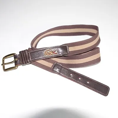 Vintage Lacoste 2035 36/90 Brown Striped Leather Elastic Belt Sz 39-41” • $19.95