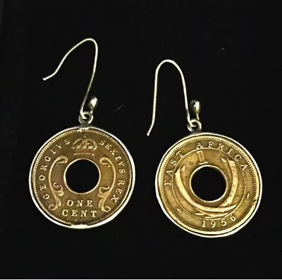 East Africa Coin Earrings Pierced Drop Vtg Bronze Sterling Silver Mid Century 56 • $75