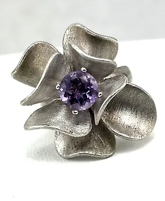 $86.24 • Buy ATI Sterling Silver Round Cut Amethyst Flower Ring Size 6 Brushed Finish 925