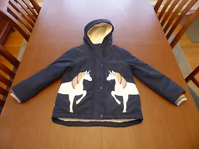 Mini Boden Girls 7-8 Blue Fleece Lined Jacket W/Appliqué Unicorn Horse Very Good • $49.99