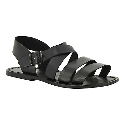 Italian Flat Ankle Strap Open Men's Sandals Shoes Handmade In Black Soft Leather • £102