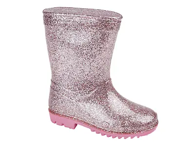 Girls Pink Glitter Wellies Waterproof Sparkle Wellington Rain Boots Uk Size 6-12 • £12.95