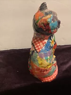  Rainbow Plaid Ceramic Cat Statue Door Stop Figurine Patchwork Quilt Coated Vtg • $20