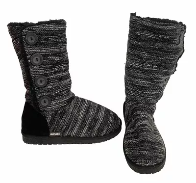 NWT Muk Luks Gray Black Boots Size 11 Knit Button Soft Calf High Fuzzy AN3 • $29.99