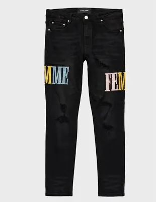 NWT HOMME + FEMME LETTERMAN BLACK YELLOW/BLUE/PINK SKINNY JEANS SZ  42x32 • $39.88