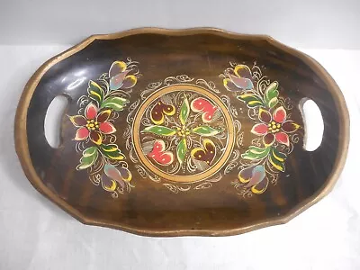 Mexican Batea Hand Painted Tole Oval Wooden Tray Platter Handles Floral Design • $19.99