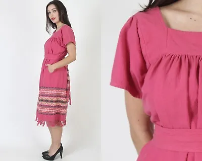 Vtg Guatemalan Pink Belted Fiesta Maxi Dress Aztec Tribal Embroidered Pockets • $74