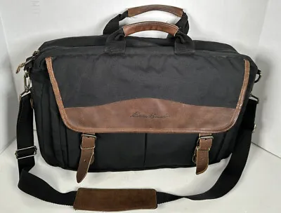 Vintage Eddie Bauer Black Brown Large Leather Messenger Bag Briefcase 17x12 In • $30