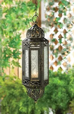 Metal Glass Victorian Hanging Candleholder Lantern Outdoor Decor • $29.71