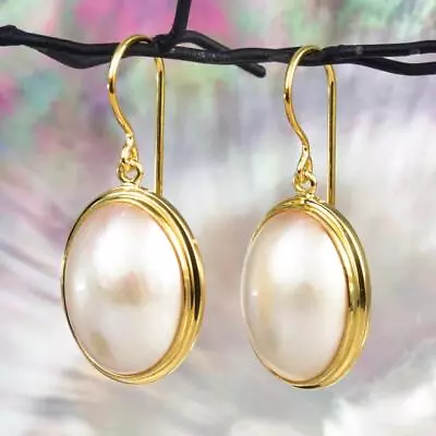 Earrings White Mabe Pearl Oval & 18K Gold Vermeil Over 925 Sterling Silver 5.75g • $72