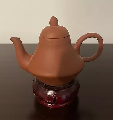 Rare Vtg Chinese Red Clay Miniature Decor Teapot On Wood Stand • $9