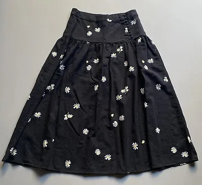 Madewell Women Linen Black Daisy Print Button Aline Midi Skirt Sz 2 • $24.99