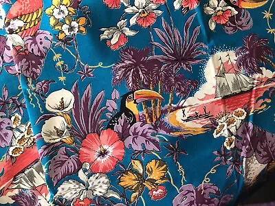 Vintage NOS Tropical Midweight Cotton Fabric Birds Flowers 2 3/4 Yd. • $21