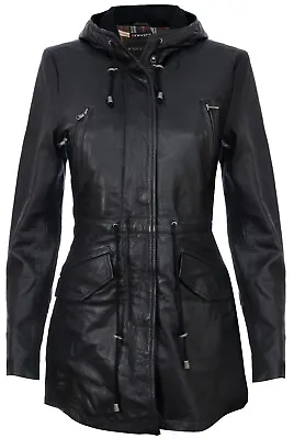 Women's Black Leather Jacket Hooded Multi-Pocket Parka Trench Coat • £129.99