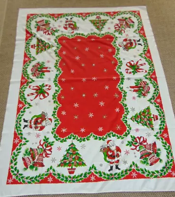 Vtg. MCM Cotton Christmas Tablecloth Santa Claus Bells Candy Canes 66  X 50  • $25