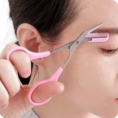 Eyebrow Scissors Eyelash Hair Comb Trimmer Stainless Steel Eyebrows Pink / Black • £2.74