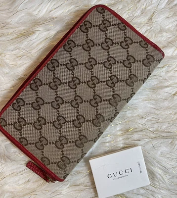 $459 • Buy GUCCI GG Logo Canvas Long Zippy Zip Around Brown Red Authentic Preloved