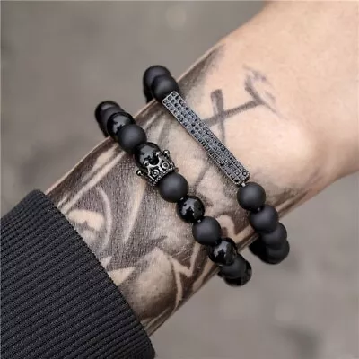 Geometric Black Bracelets Set Beaded Unisex Skull • £9