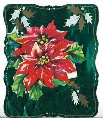 Used Vtg Christmas CARD-apx 4.5x5.5 Green Tin With Red Poinsettias Gold Leaves • $1.07