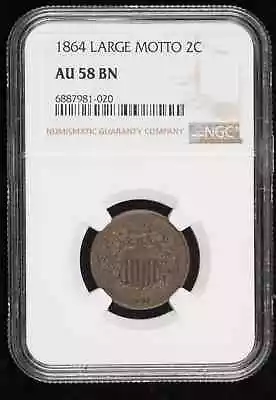 1864 P Two Cent Pieces NGC AU-58 BN Large Motto • $137