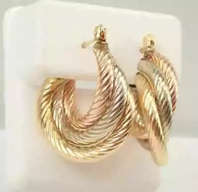 Estate Vintage 14K Yellow Rose White Gold Plated Silver TRI COLOR Hoop Earrings • $73.46