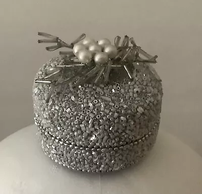 Trinket Box Bird Nest Silver Beaded Pearls Round Velvet Lined 3” • $9.99