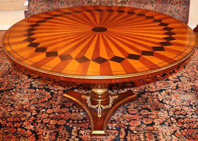 Stunning Inlaid Mixed Wood & Gilt Italian Style Ornate Center Dining Table  • $3500