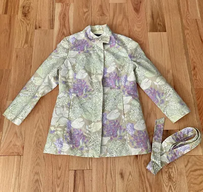 Mossimo Jacket Women Medium Green Purple Beige Floral Trench Tie Belt Spring • $21