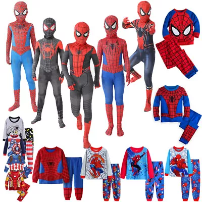 Kids Spiderman Cosplay Costume Outfit Boys Superhero Fancy Jumpsuit Pyjamas Set • £8.59