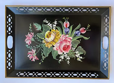 Vintage Metal Tole Tray Black Floral 16”x 23” Hand Painted Great Condition . • $55