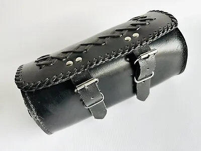 Black Leather Motorcycle Saddlebag Tool Roll Bag Metal Buckles ~10” X 4.5” • $40