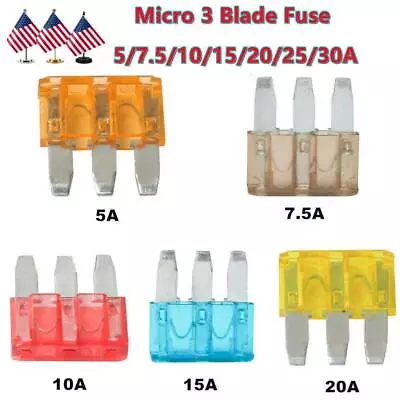 25PCS Micro3 3 Prong Blade Fuses Assortment Kit Set 5A 7.5A 10A 15A 20A • $8.99