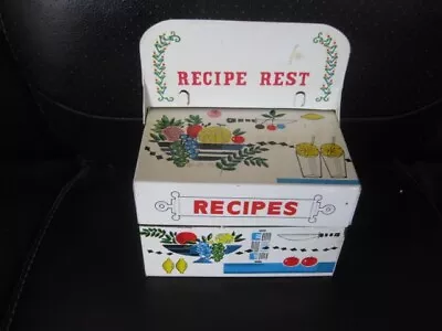 Vintage Metal Tin Recipe Box W Recipes & Recipe Holder • $19