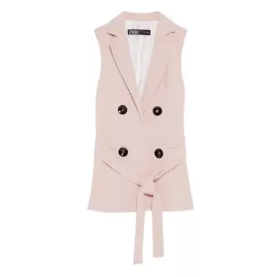 ZARA M Double Breasted Lapel Belted Waistcoat Vest Blush Pink 2732/555 • $44