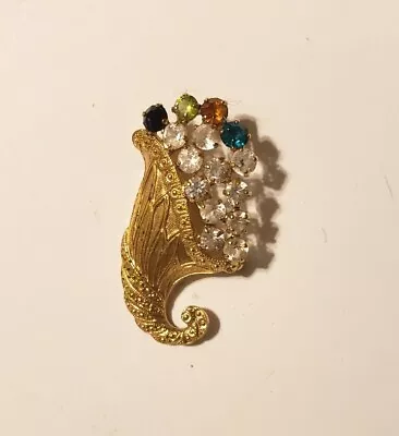 Vintage B David Cornucopia Pin Brooch Floral Antique Gold Tone With Glass Stone • $14.99