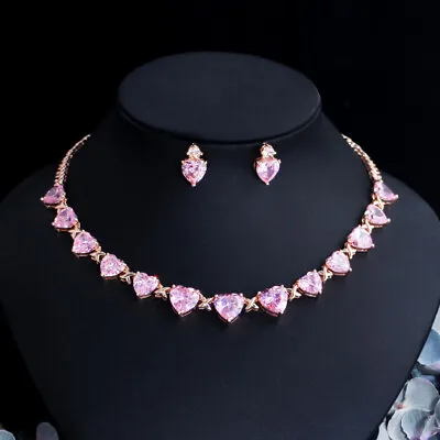 Awesome CZ Pink Heart Wedding Bridal Round Necklace Earring 18k Gold Jewelry Set • $28.62
