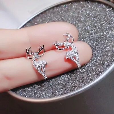Cute New Silver Plated Round Clear Crystal CZ Elk Reindeer Deer Stud Earrings • $11.95