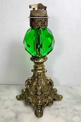 Vintage/Antique Gold Metal Brass Green Cut Glass Table Top Ornate Lighter • $85